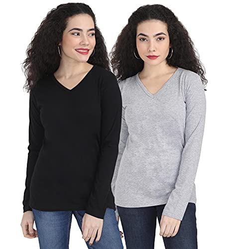 Image of FLEXIMAA Women's Cotton Plain V Neck Full Sleeve T-Shirt