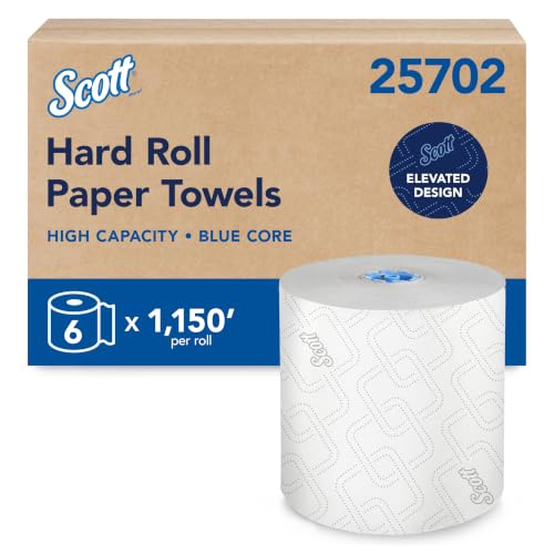 Scott Professional Hard Roll Paper Towels, Bulk, 6 Rolls x 1150' (25702) | Blue Core, High-Capacity, Elevated Design, Absorbency Pockets, White, Plus Tier, Compatible with Scott Pro Dispensers