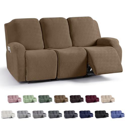 KinCam Recliner Covers, Stretch Reclining Chair Covers, Recliner Sofa Slipcovers Stripe Jacquard Recliner Couch Covers Furniture Protector Covers for Pet Kid (3 Seater, Light Coffee) by KinCam - Used condition - CA$87.80