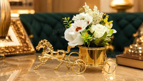 Image of Divyakosh Artificial Flower Vase, Golden Horse Chariot with Pre Fixed Flowers, Showpiece | Home Decoration Item for Living Room| Gift Items, Aesthetic Home Decor, Vase for Home Decor'