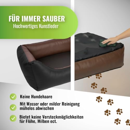 CopcoPet Hundebett mittelgroße Hunde – Waschbares Hundekissen 【Wendebett】 Hundekorb aus Kunstleder - Formstabiles Hundesofa - Hundekörbchen mit erhöhten Rand, Dog Bed Schwarz/Braun 90 x 70 cm