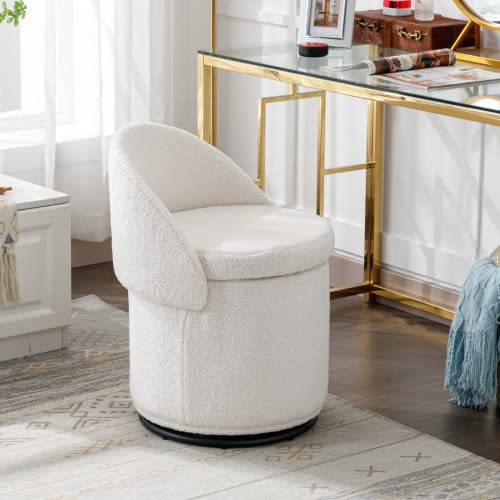HEAH-YO Modern Vanity Stool Set of 1, Swivel Vanity Ottoman Stool with Storage Function, Upholstered Sherpa Fabric Makeup Ottoman for Bedroom Dressing Room, White