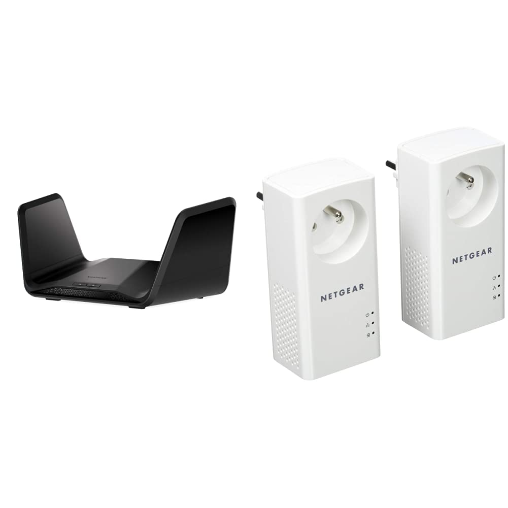 Netgear Routeur WiFi 6 Nighthawk AX8 Tri-Bandes 8 Flux (RAX70) – Vitesse WiFi 6 AX6600| Couverture jusqu'à 175 m² & PLP1000-100FRS Pack de 2 Prises CPL 1000 Mbps avec Prise Filtrée, et 1Port Ethernet