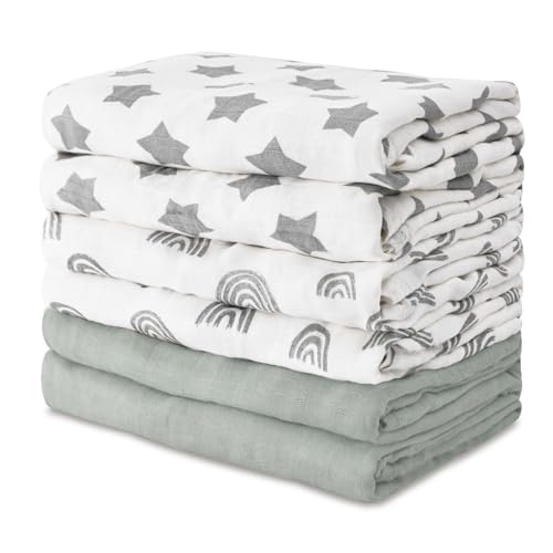 GLLQUEN BABY Receiving Blanket Boy Cotton Muslin Swaddle Blankets Girl Newborn Squares Breathable & Soft Thin Baby Blankets Cloths Double Absorbent Infant Swaddling Wrap - 6 Pack (Star)