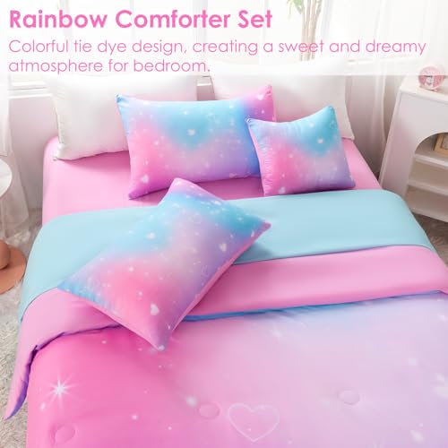 Image of 6 Pcs Glitter Bed in A Bag Full Size Rainbow Galaxy Bedding Comforter Set with Sheets Tie Dye Pink Teal Bubble Heart Print Kids Bed Set (Bubble Heart, Full)