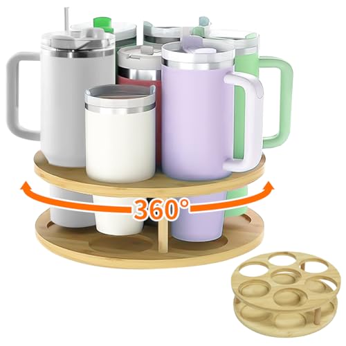 Yomitek Bamboo Stanley Cup Holder with Water Bottle Organizer - Rotatable Stand for 14 to 40oz Cups - Kitchen Storage Accessory