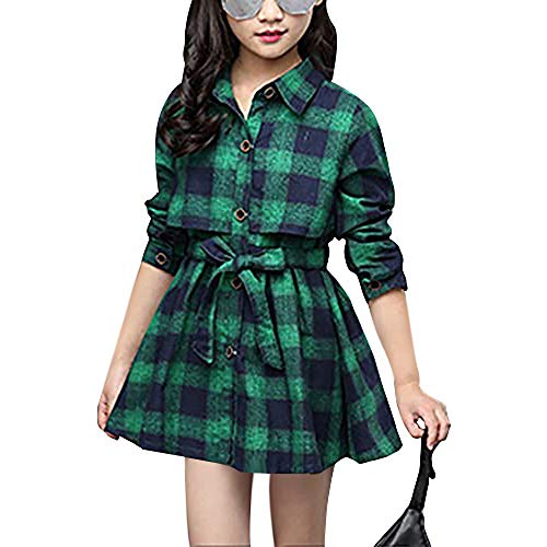 Raroauf Girls' Kids Long Sleeve Check Plaid Dresses,Little & Big Girls' Collar Neck Casual Button Down Shirt Dress