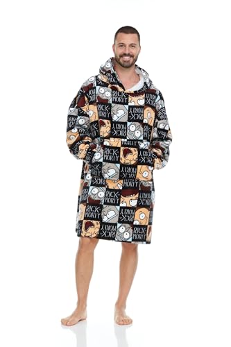 Oversized wearable plush hoodie blanket printed with a checkerboard Rick and Morty face pattern