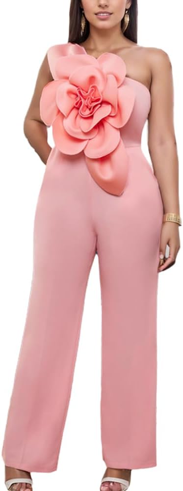 ONTINVA Pink Jumpsuits for Women One Shoulder Jumpers Summer Rompers Sleeveless Loose Palazzo Wide Leg Overalls