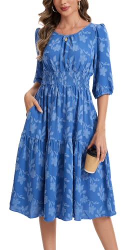 Image of Kormei Women Casual Boho Floral Round Neck 3 /4 Sleeve Smocked Waist Tiered A Line Flowy Swing Midi Dress Long Dresses