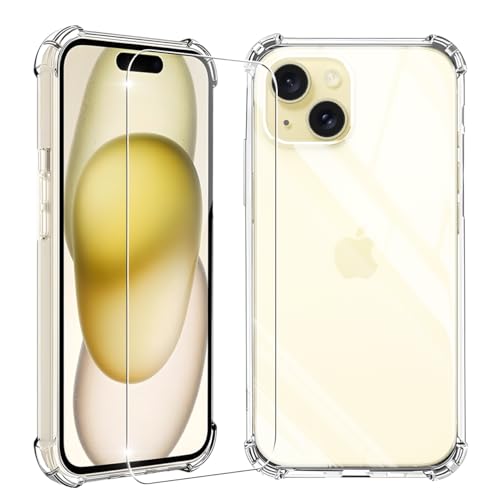 JCJCLY for iPhone 15 用 ケース クリア ガラス保護付き 黄変防止 アイフォン15 用 耐衝撃 アイフォン 15 専用case 指紋防止 落下防止 いphone15 用ケース 耐久性 ストラップホール付き 薄型 軽量 ソフトワイヤレス充電対応 アイホン15 カバー JCJC-TPUIP15