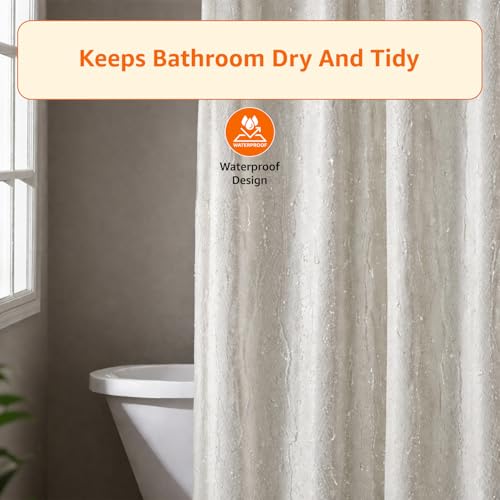 Image of Amazon Basics Shower Curtain 6 Feet | Waterproof Bathroom Curtain | PVC-Free, No Plastic Smell | Machine Washable Fabric | Off-White | 6ft Wide | 12 Hooks -180 CM X 180 CM