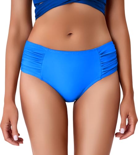 Image of COCOPEAR Full Coverage Bikini Bottoms for Women Mid Rise Bathing Suit Bottoms for Women Ruched Tummy Control Swim Bottoms