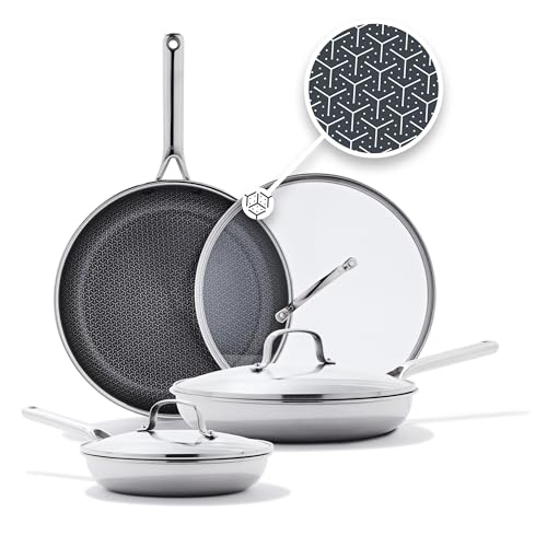 OXO Hybrid 8” 9.5” & 12” Frying Pan Skillet Set With Lids, PFAS-Free Ceramic Nonstick, Fusion Boost Tech, Powerful Searing, Induction & All Cooktop Compatible, Dishwasher Safe, Mirror Polished Tri-Ply by OXO - Used condition - US$170.04