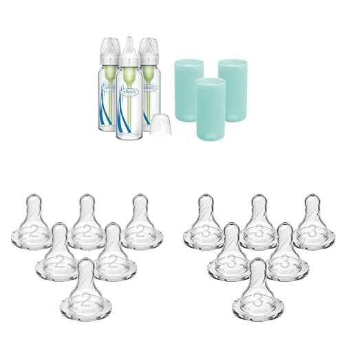 Dr. Brown's Anti-Colic Options+ Narrow Glass Baby Bottles 8oz and Level 1 Nipple, 3-Pack 0m+ and Mint Silicone Sleeves and Level 2 Medium Flow, 6 Pack 3m+ and Level 3 Medium-Fast Flow, 6 Pack 6m+