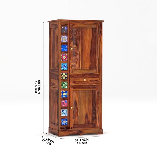 Image of Sheesham Wood Wardrobe for Bedroom - Already Assembled Solid Wood Almirah with Doors & Drawer Storage | Wooden Cupboard for Clothes, Multi-Utility Wardrobe Furniture for Home | Honey Finish