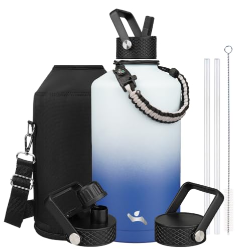 Image of Konokyo Gallon Insulated Water Bottle with Straw,128 oz 3 Lids Water Jug with Carrying Bag,Paracord Handle, Double Wall Vacuum Stainless Steel Metal Flask,Sky