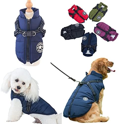 Komate Waterproof Dog Coat Jacket With Harness Fleece Winter Puppy Coat Vest Reflective Warm Pet Clothes Costume With Chest Strap Zipper For Small Medium Large Dogs Cold Weather (M, Purple)