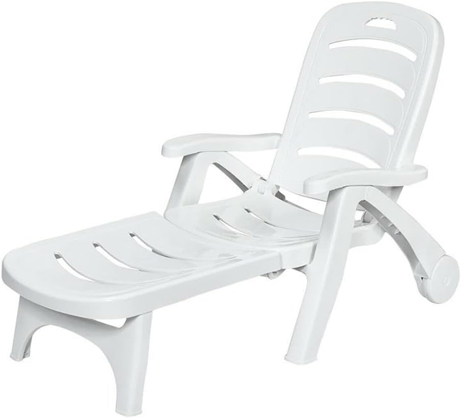 Pemberly Row 5-Position Adjustable Folding Lounge Chair, Rust-Proof PP Material, White Finish, Ergonomic Design with Wheels, 74 x 30 x 20.5-40.5 in, Outdoor Patio Beach Balcony Lounger