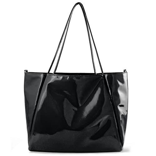 Bolsa de ombro brilhante de couro sintético envernizado brilhante para mulheres bolsa conversível, Preto