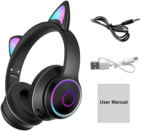 QOTSTEOS Wireless Gaming Headset, Cat Ear Bluetooth 5.0 Headphone With LED Light, Adjustable HIFI Headphones for Kids Adult, Support Wake Up Siri, Bluetooth/Wired/TF/FM Mode