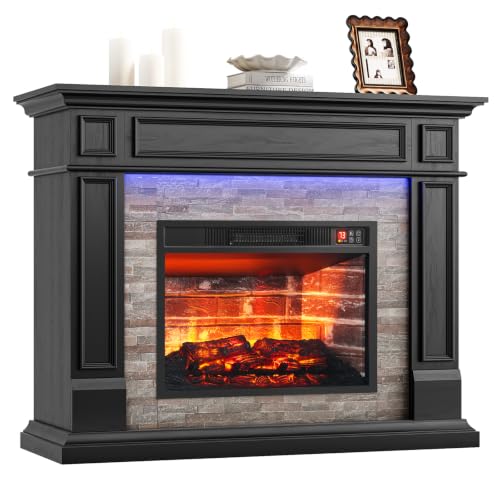 LGHM 44" Freestanding Electric Fireplace w/LED, Stacked Stone, Black