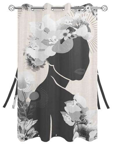 Image of Outdoor Waterproof Curtains, Boho Women Silhouettes with Black Flowers Vintage Linen Weatherproof Curtain Grommet Top and Tab Bottom Drape, Thermal Insulated Curtain for Patio Porch Gazebo Pergola
