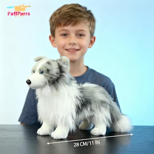 PuffPurrs Lebensechtes Merle Border Collie Plüschtier, Realistischer Blue Merle Border Collie Teddy, Süßer außergewöhnlich intelligenter Hund Kissen-Geschenk, 23 cm