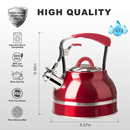 Secura Whistling Tea Kettle, 2.3 Qt Tea Pot, Stainless Steel Hot Water Kettle For Stovetops With Silicone Handle, Tea Infuser, Silicone Trivets Mat, Red #TOP1
