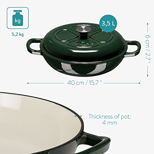 Navaris Pentola Ghisa Smaltata - Casseruola Forno Legna 3,5L - Pirofila Coperchio - Cottura Fornelli Gas Induzione - Forma Tonda Bassa Ø11,5cm Verde - immagine 6