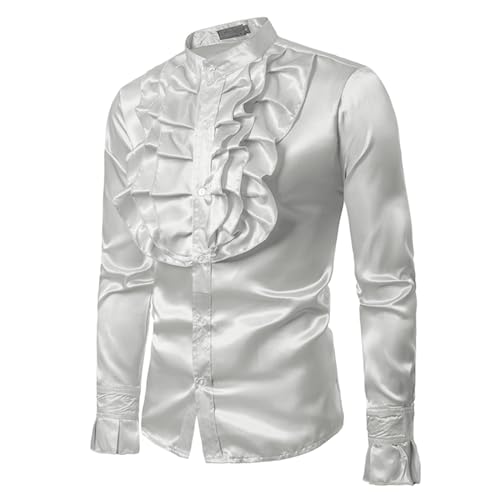 Men Satin Ruffle Shirts Long Sleeve Silk Like Satin Stand Collar Solid Color Slim Fit Casual Shirt (White, L)