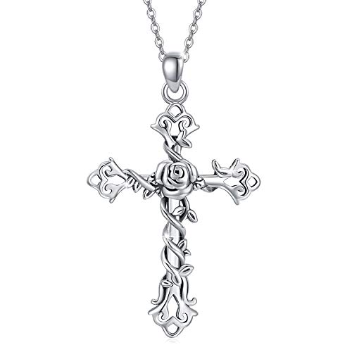 Cross necklace 925 Sterling Silver Rose Crose Pendant Necklace Cross Necklace for Women (A-Rose Cross Necklace)