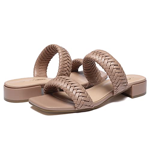 Athlefit Women's Braided Low Block Heel Sandals Square Open Toe Slip On Woven Slides Nude Size 9 #TOP5
