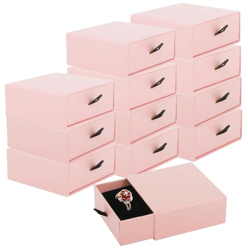 Luxury Velvet-Lined Jewelry Gift Box 12-Pack, Compact Drawer Style Organizer for Earrings & Rings, Elegant Bracelet Display Box, Small Jewelry Storage Box, 3.5x3.5x1.26 Inches (Pink)
