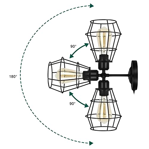 smusei Industrial Wall Sconces Set of 2 Vintage Wire Cage Wall Lamp with E26 Base Button Switch Black Wall Light Fixtures for Bedroom Living Room Bathroom Porch Entryway - Thumbnail 3