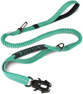 Joytale Tactical Dog Leash Heavy Duty, 4-6FT Shock Absorbing Bungee Lead with 2 Padded Handle, Metal Carabiner Clip, Car Seatbelt, Strong No Pull Leash for Medium Large X-Large Dogs, Teal