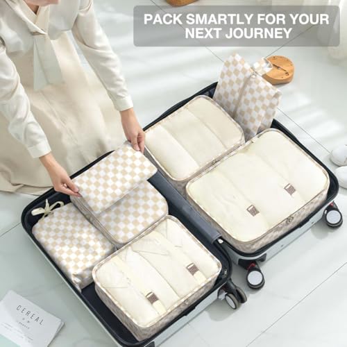 Image of 8 Set Packing Cubes for Suitcases,Packing Cubes with Shoe Bag, Cosmetics Bag, Clothing Bag, Accessories Bags Packing Cubes for Travel Luggage Organizer Women Men(Khaki Checkered)
