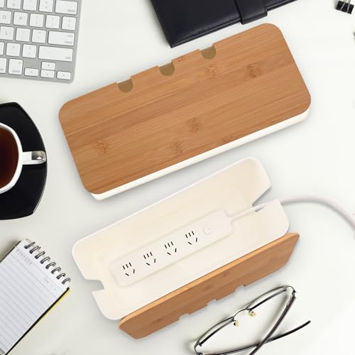 HOMIKLSA 3 Stück kabelbox Weiß,Kabelmanagement box für Kabel mit Bambusdeckel,Kabel Organizer zum Verstecken von Kabeln Organisieren von Computerverkabelung und Losen Kabeln