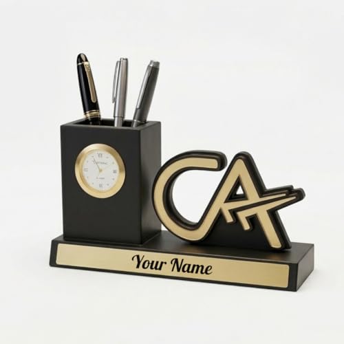 Image of Giftana Personalized CA Pen Stand with Name & Clock, Wooden Desk Organizer with Chartered Accountant Emblem, Customized Pencil Holder for Office Desk, Unique Gift for CA, Birthday & Professional Gift