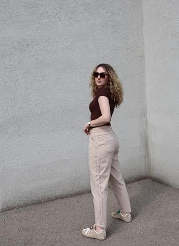Puimentiua Sommerhose Damen Leicht,Dünne Leinenhose Sommer,Lockere Luftig Sommerhosen,Elegante Spitze 7/8 Hose Damen,High Waist Linen Pants Mit Tunnelzug Und Taschen (Khaki,M)