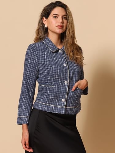 Allegra K Tweed Blazer for Women's Plaid Long Sleeve Vintage Outwear Work Office Short Jacket Coat4