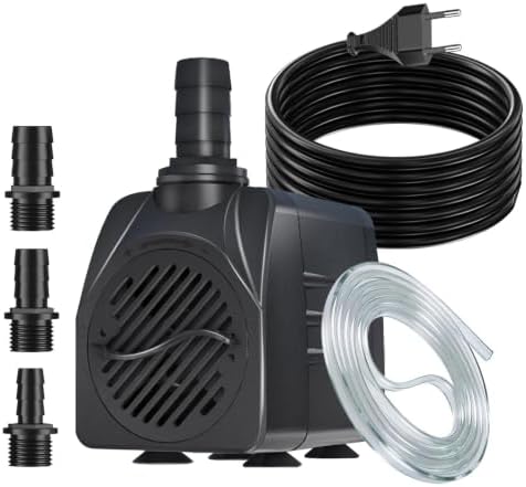 Knifel Springbrunnenpumpe 25W 1500L/H mit 3m extra langem Kabel | Förderhöhe 2m, 1.5m Schlauch, durchflussregulierbar, ultra leise, Überhitzungsschutz für Aquarium, Garten, Brunnen