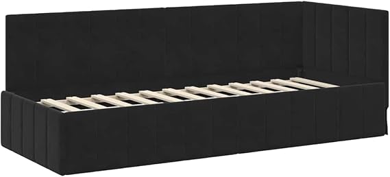 Corner Bed Frame with Mattress and Velvet Headboard, Black, 204 x 84 x 72 cm, Plywood Frame, Medium Firm 80 x 200 cm Mattress, Modern Box Bed for Bedroom, Space-Saving and Comfortable