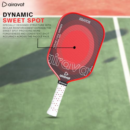 Image of Airavat Kratos 7413 Pickleball Paddle Features a Kevlar Surface, hot-Pressed tech, Shock-Absorbing core, Ergonomic Grip, and pro-Level USAPA Standard. Built for All climates and Peak Performance.