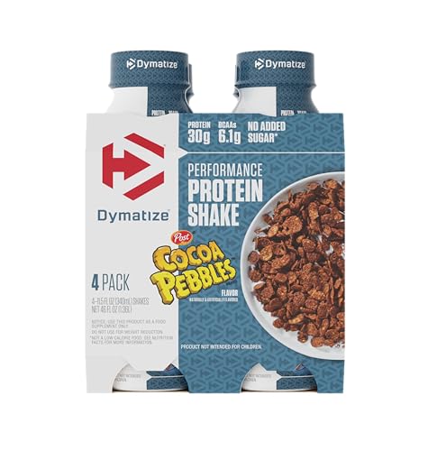 Image of Dymatize Performance Protein Shake, Cocoa Pebbles, 30g Protein, 6.1g BCAA for Muscle Recovery, No Added Sugar, Low Fat, 24 Vitamins and Minerals, Gluten-Free, Ready to Drink, On-the-Go Snack, 11.5 fl oz, 4 pack