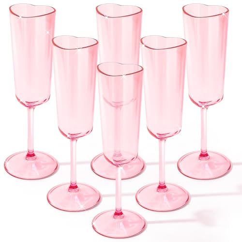 Teenyyou 6 Pcs Valentines Day Heart Shaped Champagne Flutes 6 oz Pink Acrylic Champagne Glasses for Wedding Galentines Bachelorette Birthday Party Supply Heart Shaped Wine Cups Pink Cocktail Glasses