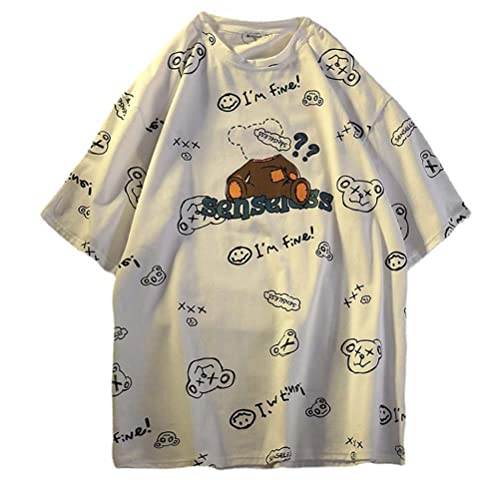 ORANDESIGNE Tunique Femme Manches Courtes T-Shirts Grande Taille Haut Gothique Hippie Tee-Shirt Harajuku Punk Kawaii Y2k Shirt Streetwear Mode Casual Tops B-Blanc XL Cover