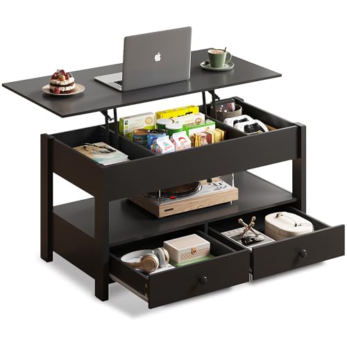 WLIVE Höhenverstellbarer Couchtisch, Wohnzimmertisch mit 2 Schubladen und Verstecktes Ablagefach,...