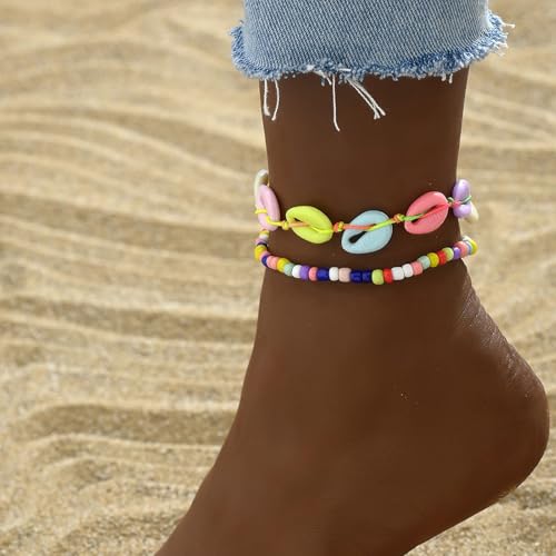 Image of Shell Anklets for Women Shell Beach Jewelry Accessories White Pink Black Flower Ankle Bracelet Summer Vacation Dress Outfits