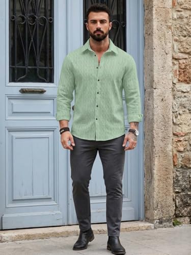 Image of DEELMO Men's Regular Fit Button Down Dress Shirts Textured Long Sleeve Casual Hawaiian Shirt